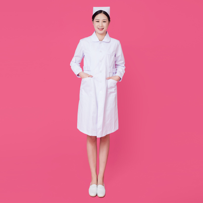 厂家批发护士服夏季长袖春秋冬款女粉色白大褂长袖娃娃领工作制服