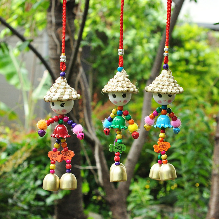 云南民族风草帽小人风铃彩铃铛娃娃 彩色双铃稻草人娃娃铃铛挂饰