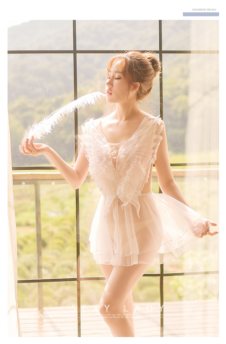 情趣内衣女神天使翅膀透视网纱交叉绑带裸背性感蕾丝吊带睡衣睡裙