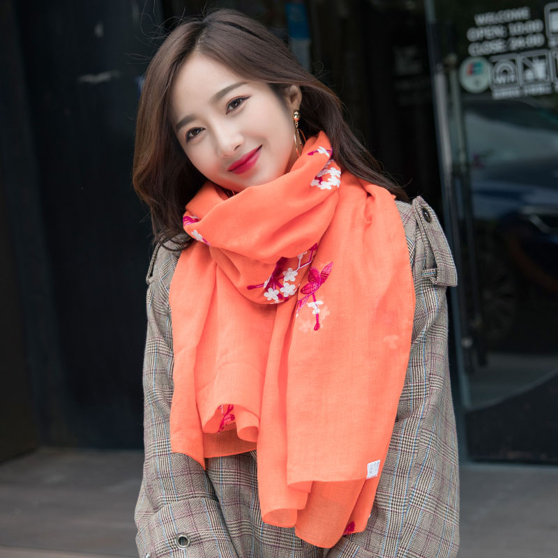 刺绣亚麻花朵尼伯尔棉麻围巾空调防晒两用春夏季丝巾女民族风披肩