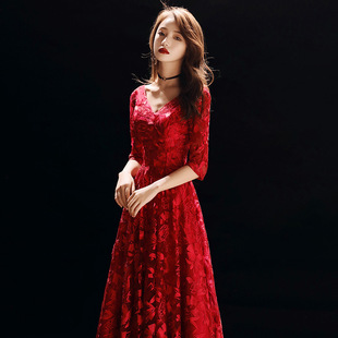 长款礼服v领红色