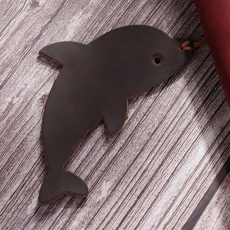复古真皮海豚书签吊牌手工缝制diy文创文具疯马皮书签可印logo