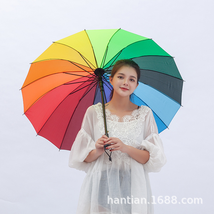 Creative 16 Bone NC Fabric Rainbow Umbrella Long Handle Straight Rod Plain Color Automatic Umbrella Advertising Umbrella Printed Logo Manufacturer
