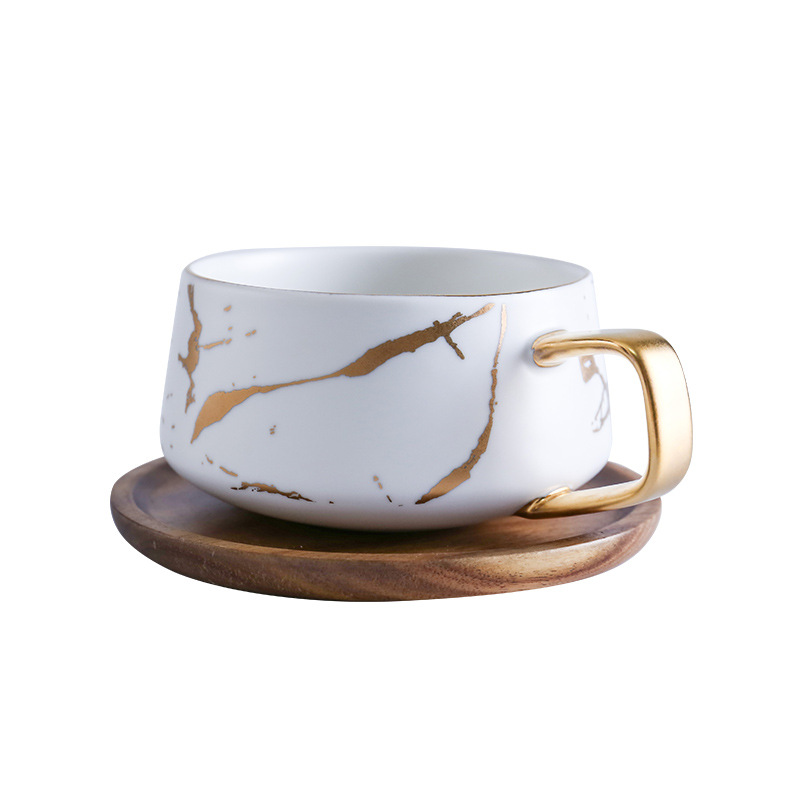 Marble Pattern Matte Gold Coffee Cup Japanese Style Black Platinum Pattern Ceramic Cup Mug with Wooden Plate Cup and Saucer