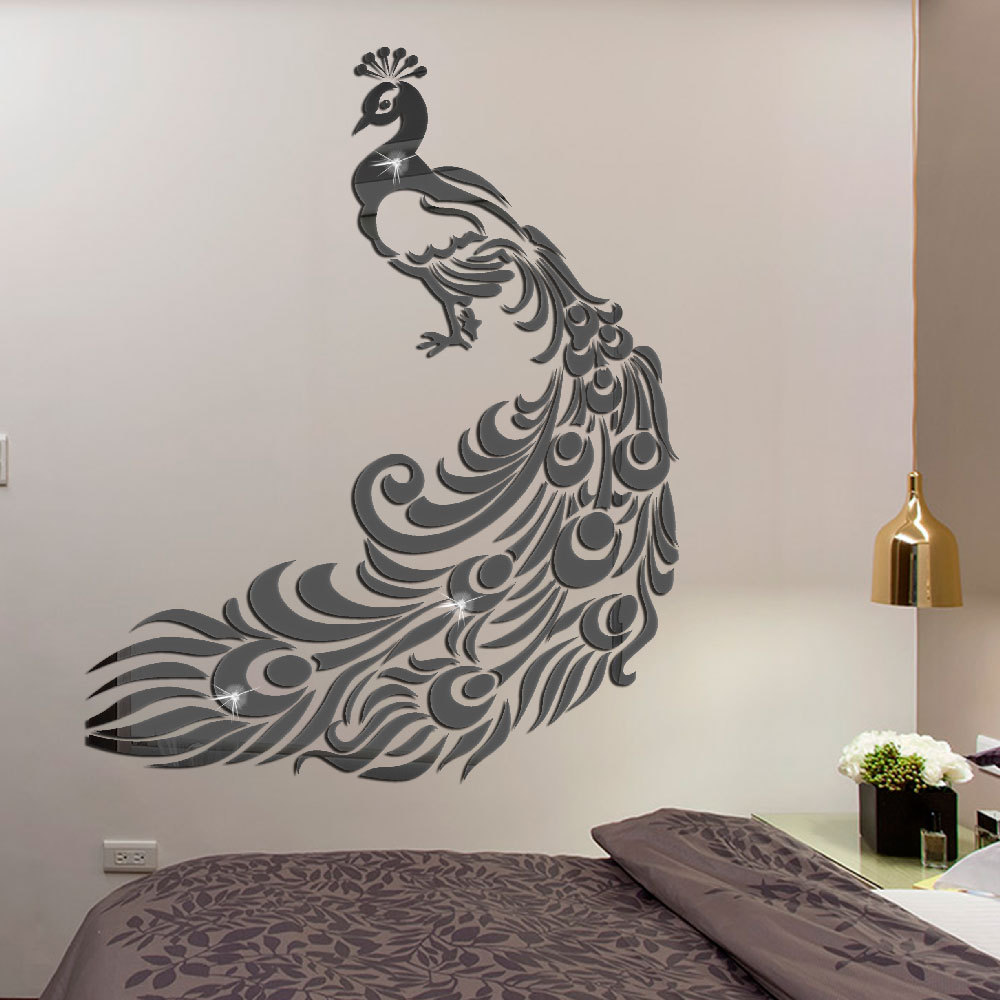 jm394几何孔雀亚克力水晶镜面贴立体 墙贴卧室客厅装饰贴