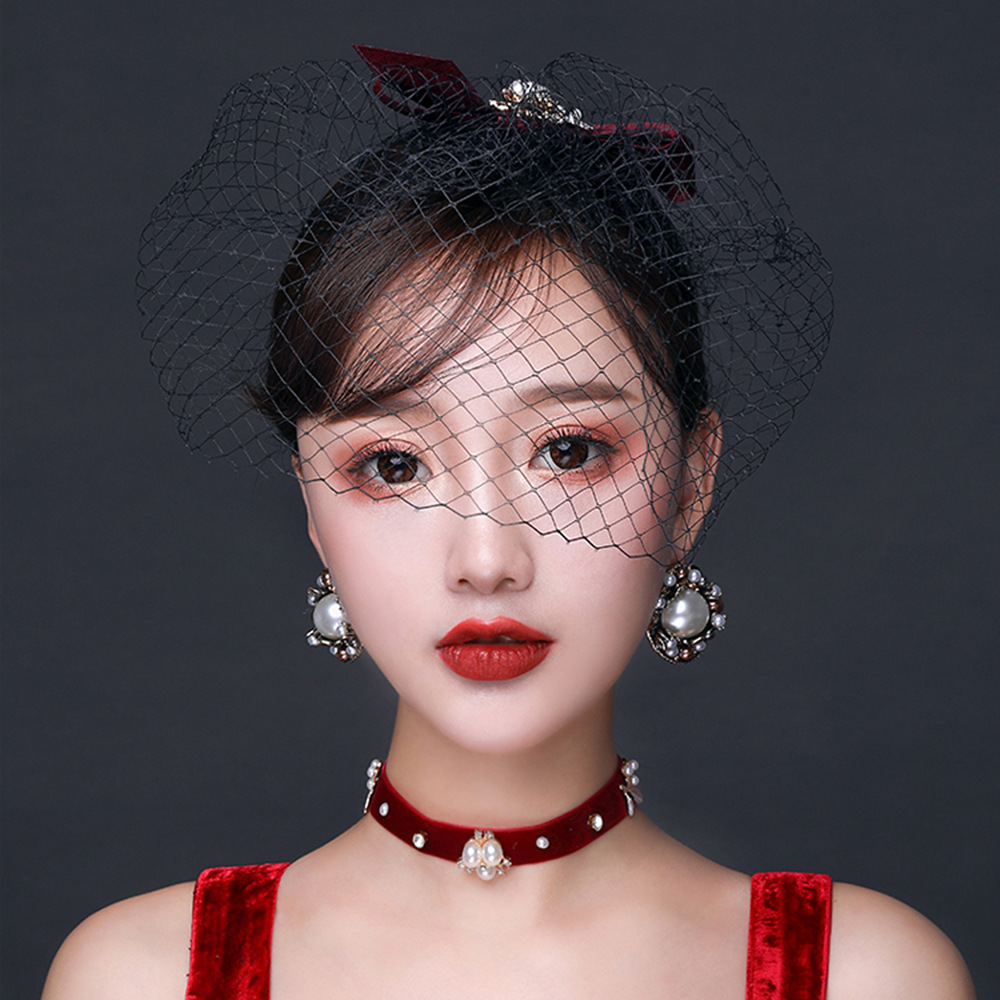 新娘红色复古蝴蝶结网纱面纱敬酒服小礼服头饰 结婚宴会发饰发夹
