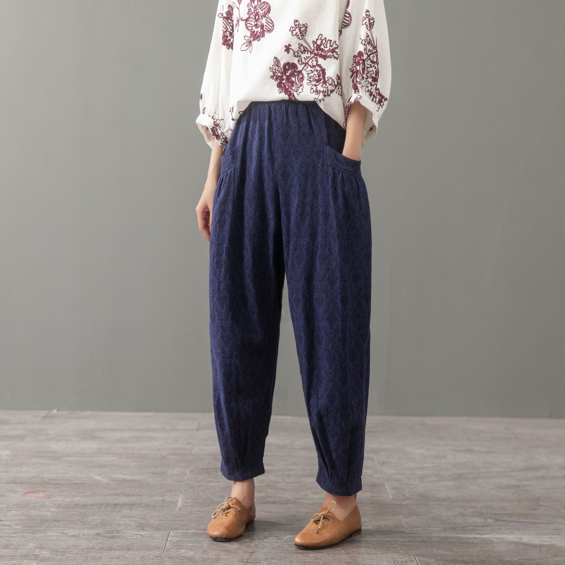 2019秋季新款棉麻提花灯笼裤松紧九分休闲裤女长裤四色一件代发