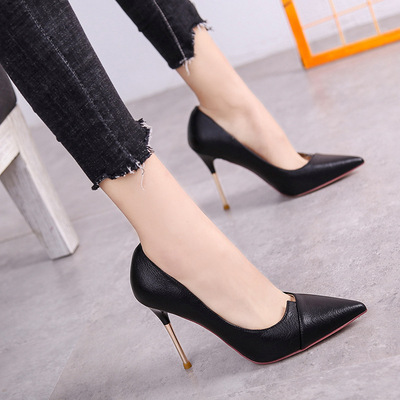 10cm钢跟高跟鞋女细跟浅口单鞋2019新款性感黑色工作鞋酒吧领舞