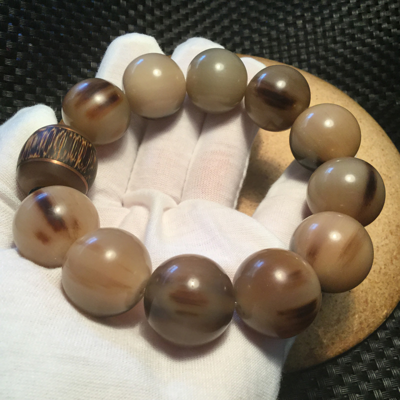 天然西藏耗牛角圆珠单圈手串 血丝牛角骨圆珠文玩男士手串