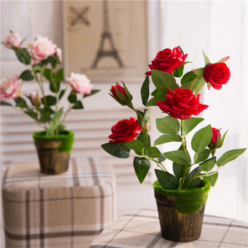 仿真玫瑰花盆景 家居餐桌装饰角玫花 酒店办公室盆栽套装跨境货源