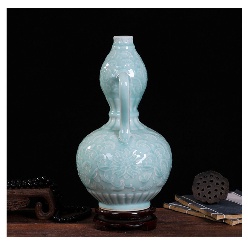 景德镇陶瓷装饰花瓶浮雕葫芦瓷器花瓶办公室工艺品影青瓷中式摆件