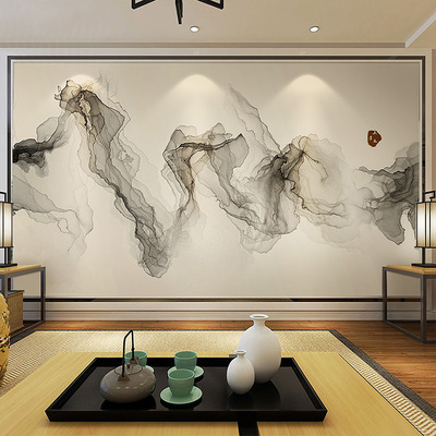 新中式水墨山水墙纸手绘禅意抽象意境壁画书房客厅电视背景墙壁纸