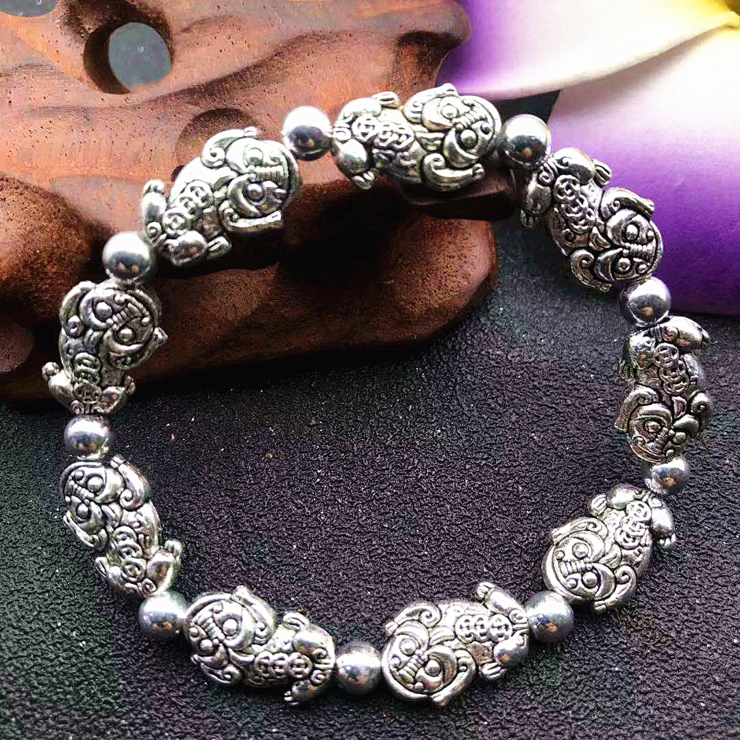 仿古苗银貔貅手链双面貔貅镀古银藏银保平安手串手珠