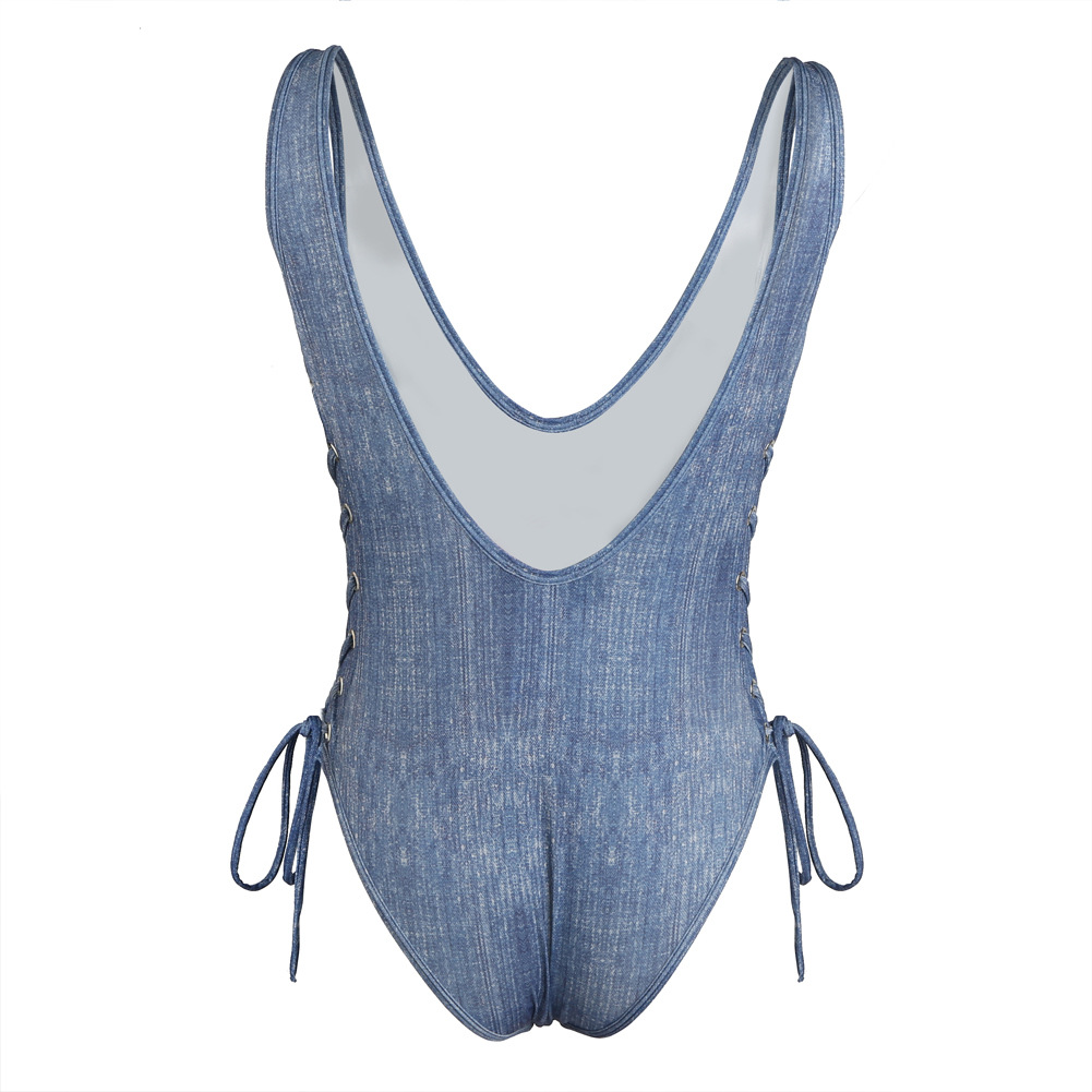 情趣连体衣背心鸡眼牛仔蓝绑带连体泳衣性感v领露背泳装bikini