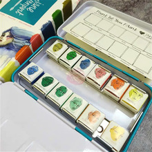 固体水彩颜料分装盒空铁盒调色盒马口铁水彩笔盒