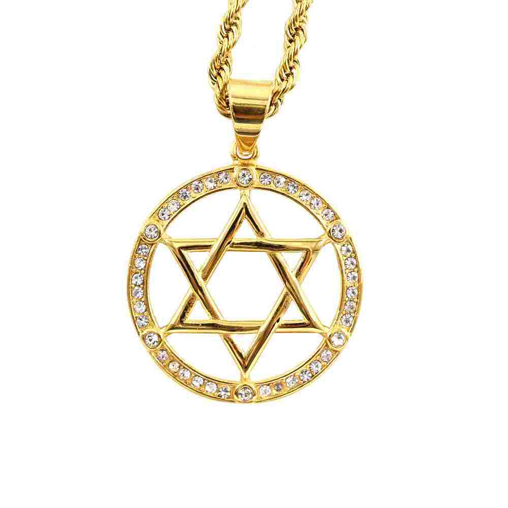 欧美犹太教不锈钢镀金六芒星吊坠