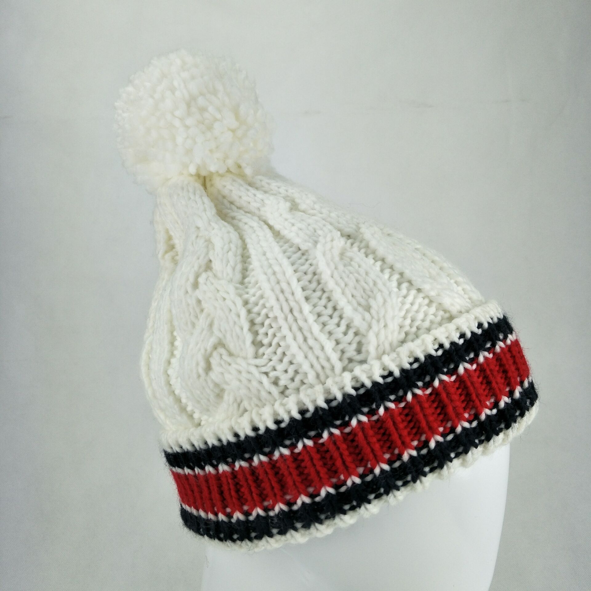 (厂家)定做外贸针织提花绞花翻边顶球帽 来样定做时尚毛线球帽