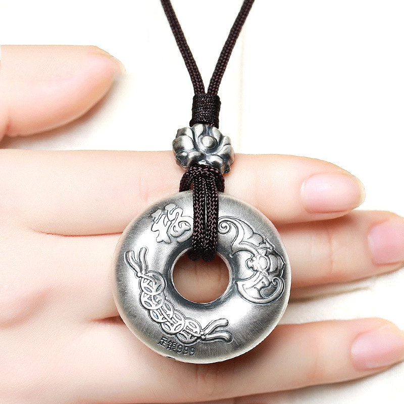999足银实心六字真言心经平安扣男吊坠项坠女饰品纯银挂件礼品