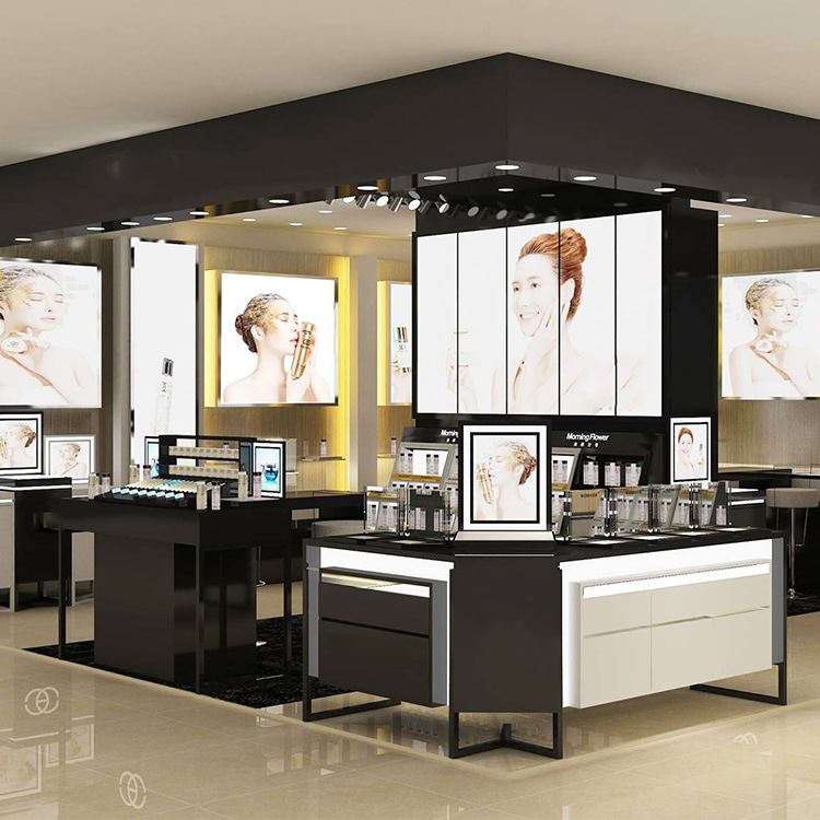 商场中亭彩妆店化妆品木制展示台香水口红体验台烤漆彩妆柜台
