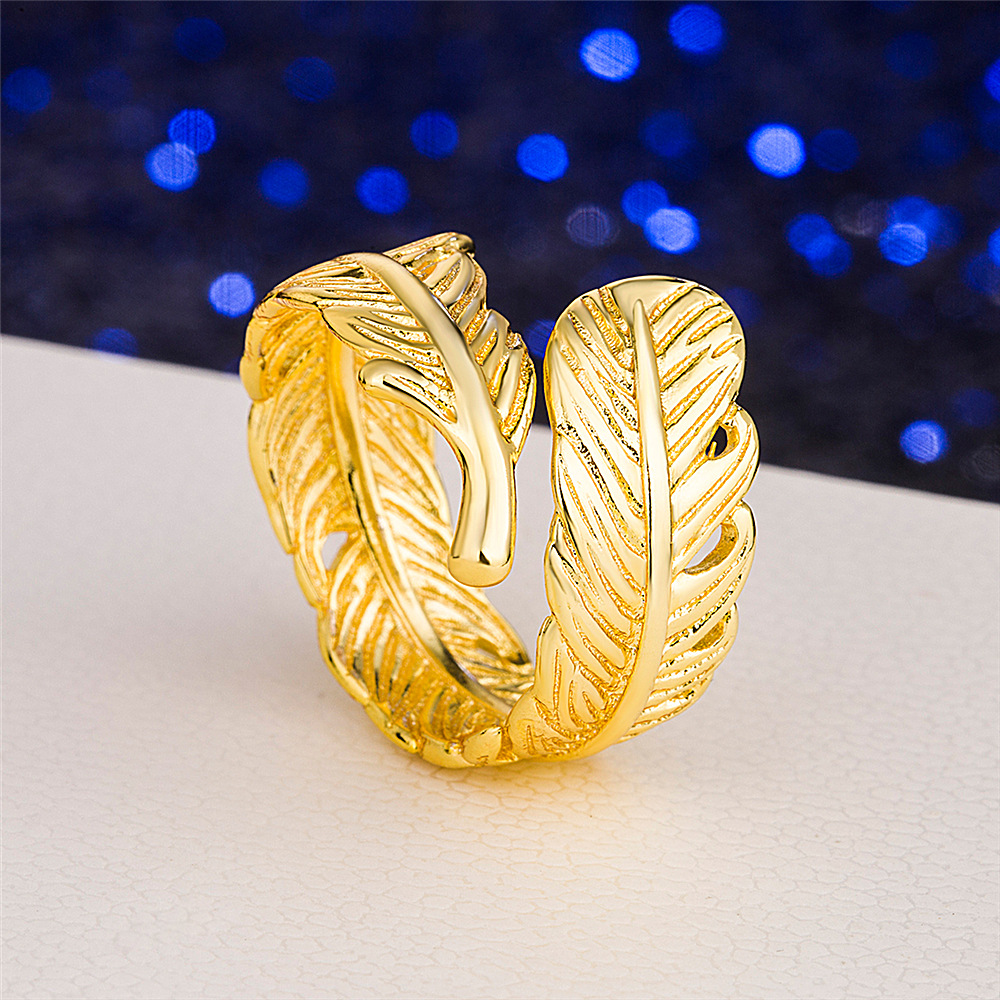 韩版镀3d硬金饰品 爱情密语羽毛开口指环 欧币镀金黄金戒指批发