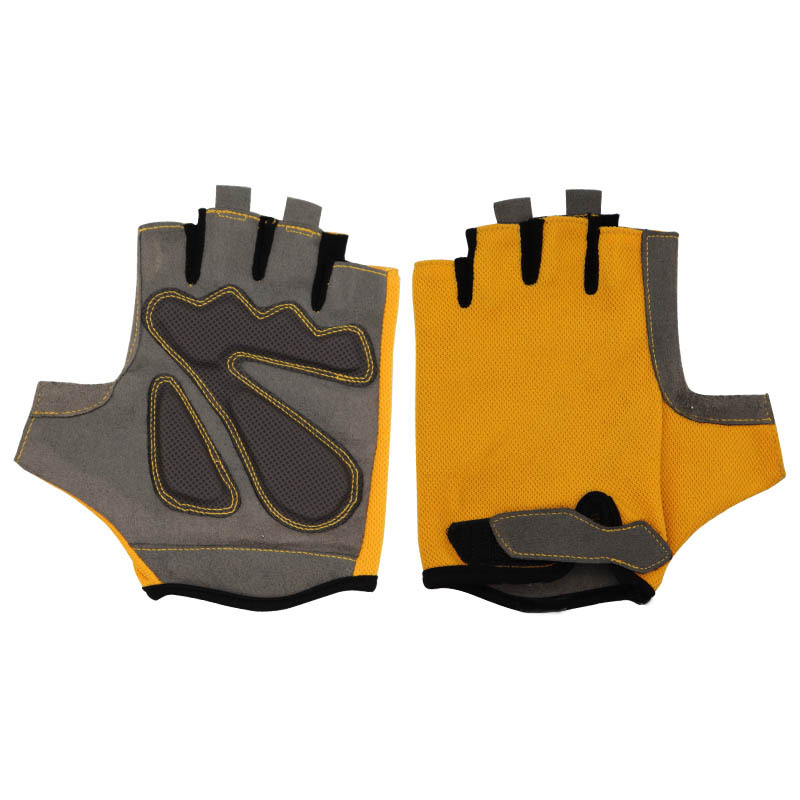 夏季透气减震户外运动健身锻炼举铁掌心皮革黄色半指运动手套