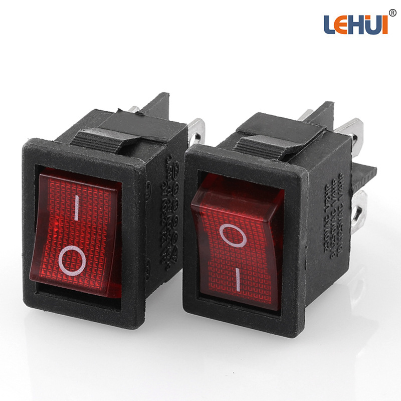 【乐辉】4脚2档带灯kcd1-302n船型开关 红色盖板io翘板电源开关