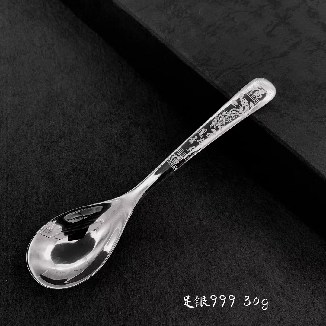 好银礼精品激光印花银勺子999足银汤匙儿童调羹长柄家用银餐具