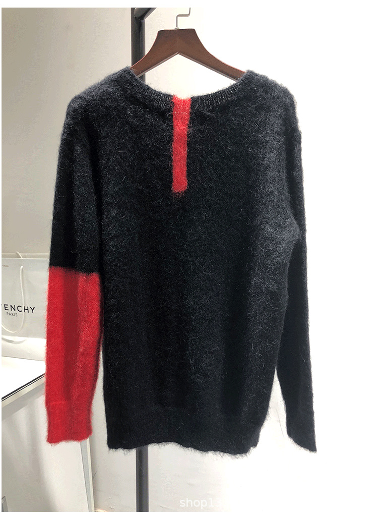 现货2019秋冬新款时尚简约高比例马海毛红黑撞色毛绒针织衫毛衣