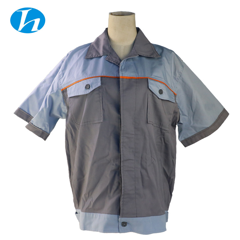 夏季拼色翻领短袖制服 工程电焊劳保服套装 汽修时尚工装定制logo