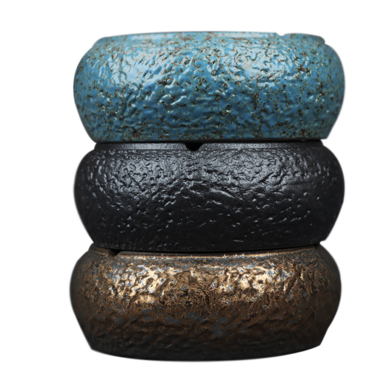 日式复古粗陶大号烟灰缸窑变釉手工陶艺石头纹理茶桌办公桌烟具