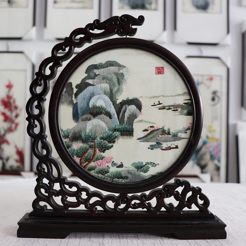 苏州特色手工双面刺绣龙头架小台屏摆件 中国古风山水花草绣品