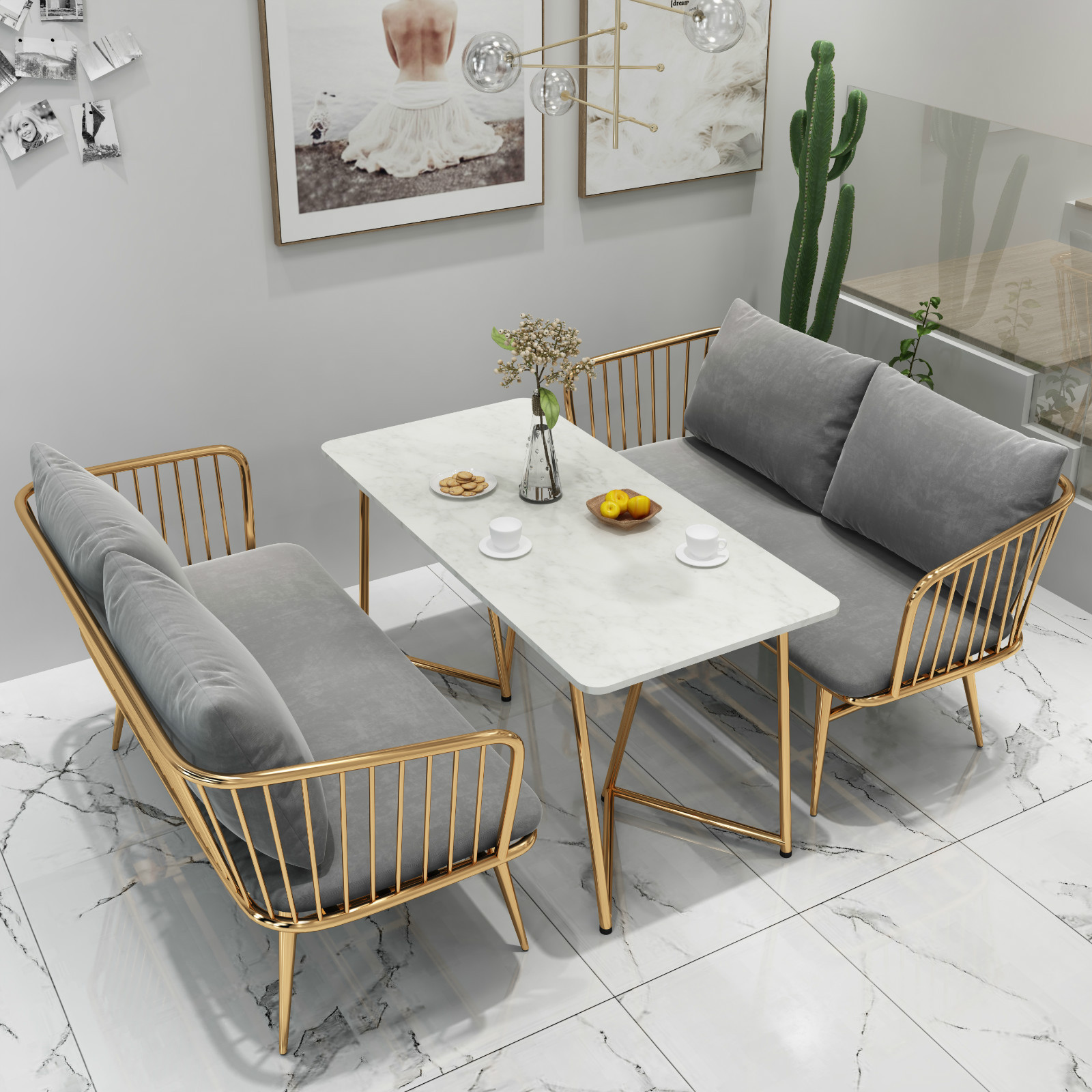 西餐厅咖啡厅卡座休闲区沙发布艺靠背沙发甜品店奶茶店双人座桌椅