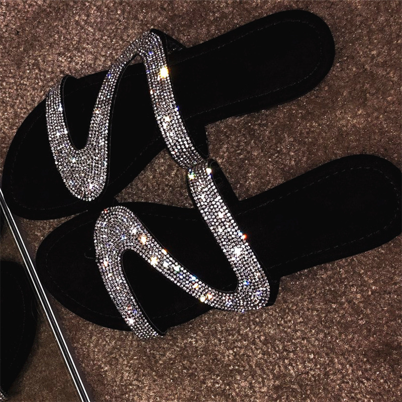 fashion diamond summer flat sandals womens shoes 钻石拖鞋女