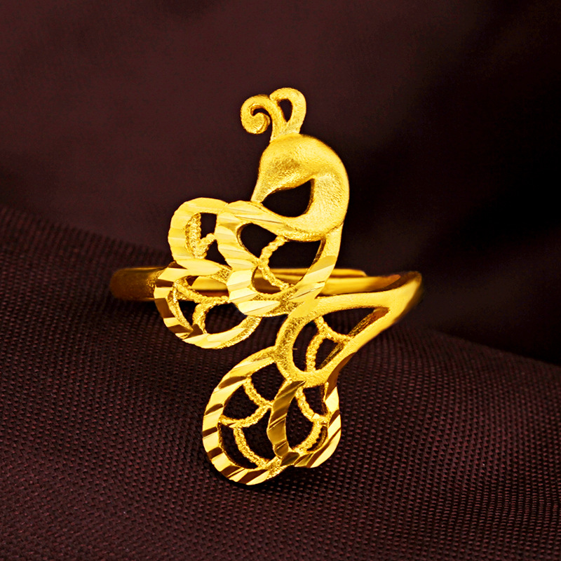 越南沙金新款孔雀开口戒指 结婚首饰品 镀真金女士凤可调节戒环