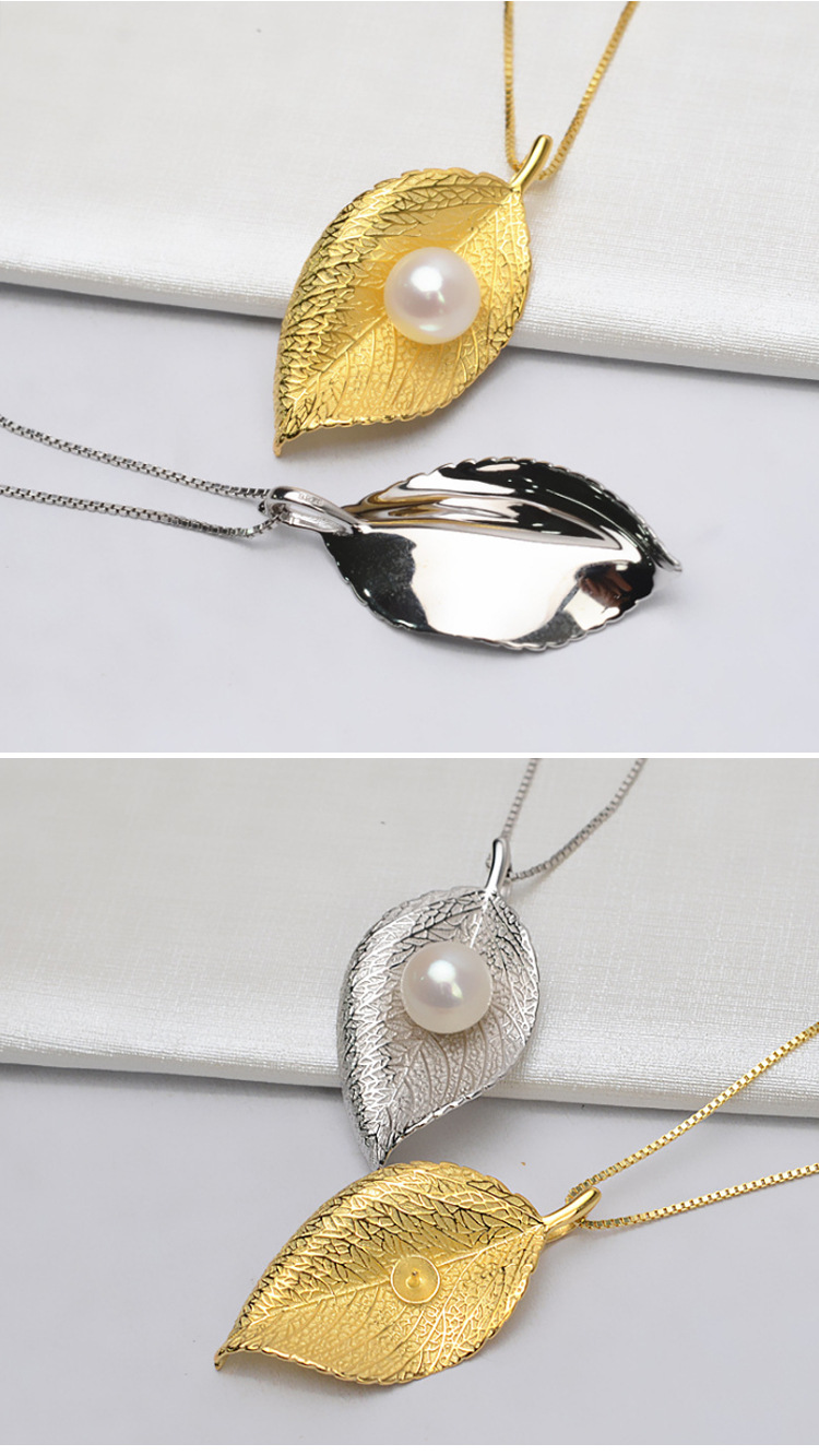 s925银树叶款吊坠金叶子项坠女挂坠7-8珍珠diy饰品配件空托潮853