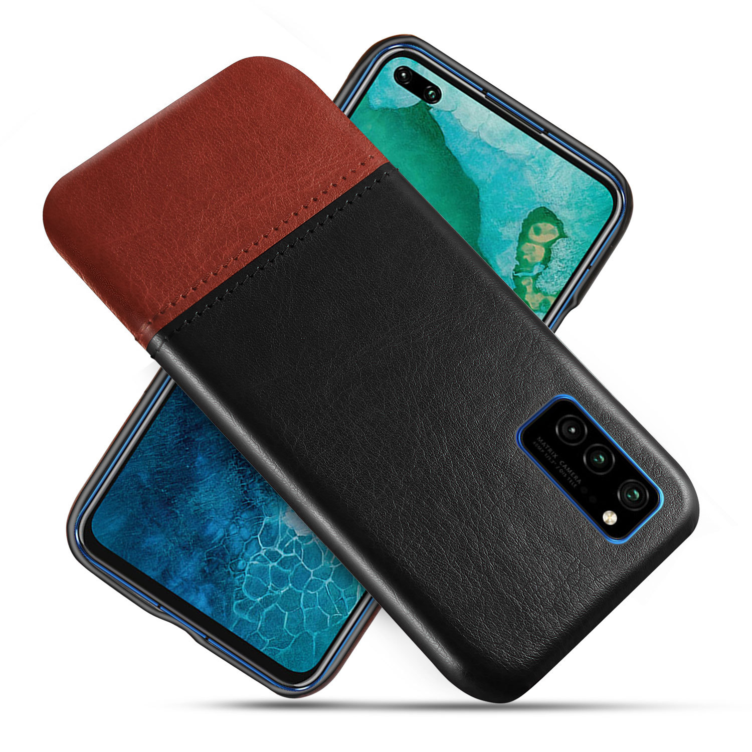 适用华为荣耀v30pro手机壳保护套拼皮撞色防摔保护壳手机皮套