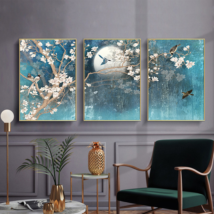 适用于新国风客厅装饰画山水背景墙画三联中中式沙发有框壁画油画