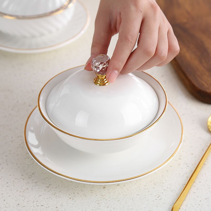 甜品陶瓷金边欧式碗炖盅带盖宫廷燕窝水晶中国大陆粥金色镶边蒸蛋