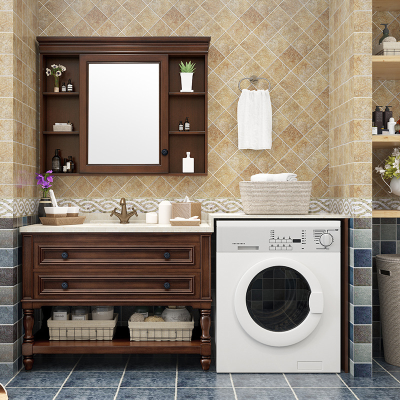 美式实木滚筒洗衣机浴室柜落地式洗衣池洗脸盆一体 组合卫生间柜