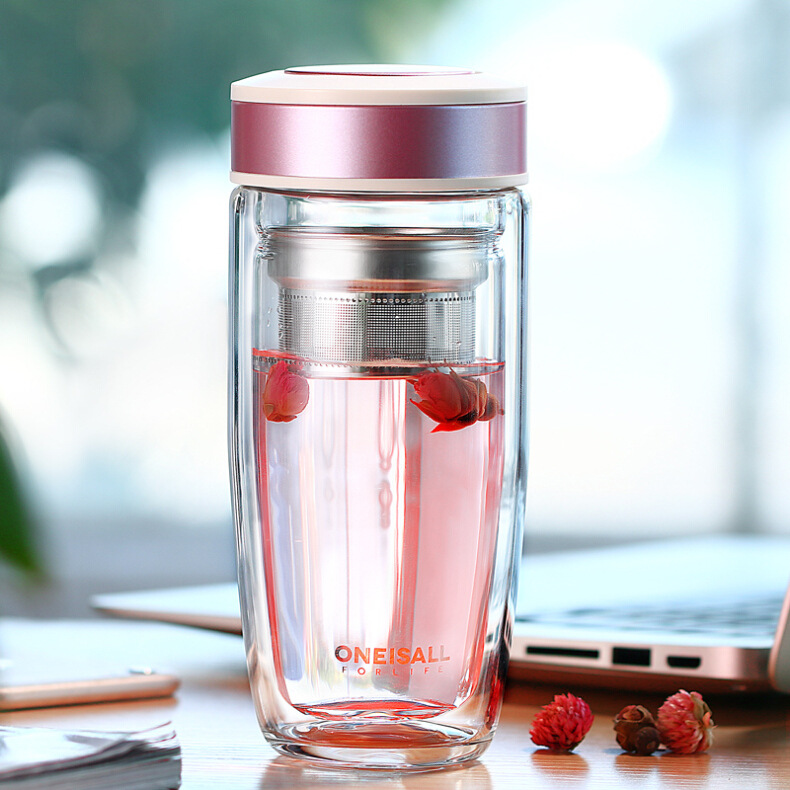 光一双层玻璃杯女学生水杯韩版便携过滤杯子带盖办公室泡茶杯批发