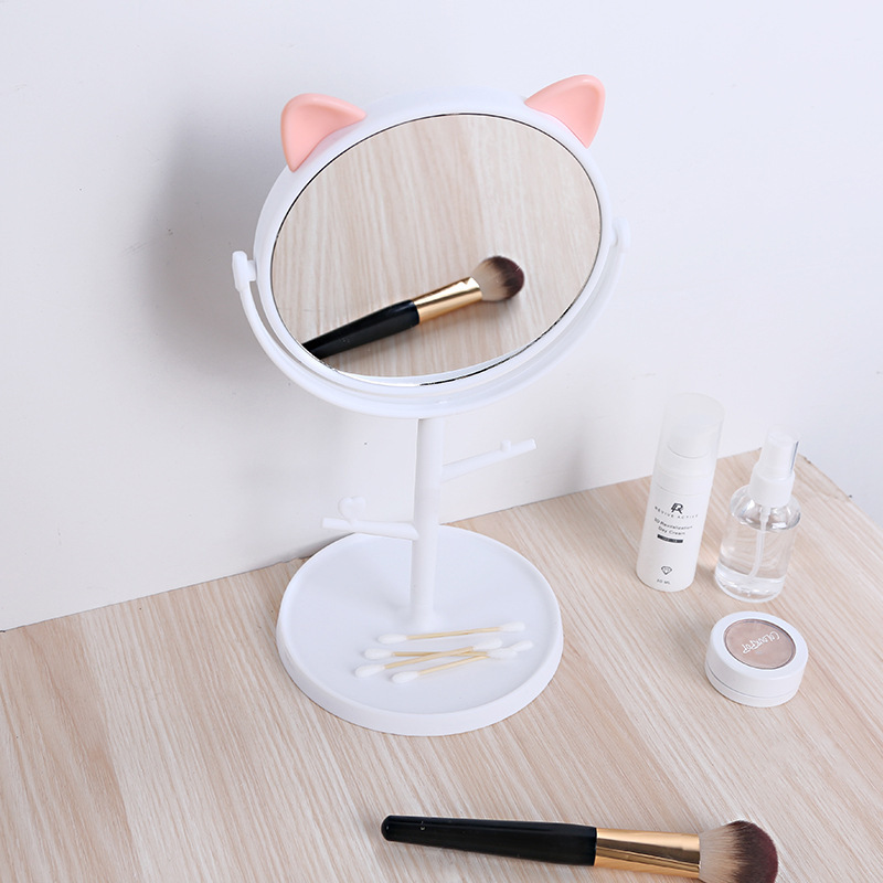 Creative Cartoon Cat Mi Ear Desktop HD Single-Sided Makeup Mirror Student Soft Girl Dormitory Desktop Storage Dressing Mirror
