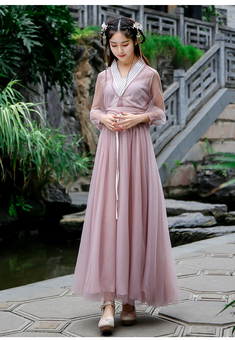 2019新款复古文艺古风改良汉服长裙系带飘逸大摆收腰网纱连衣裙