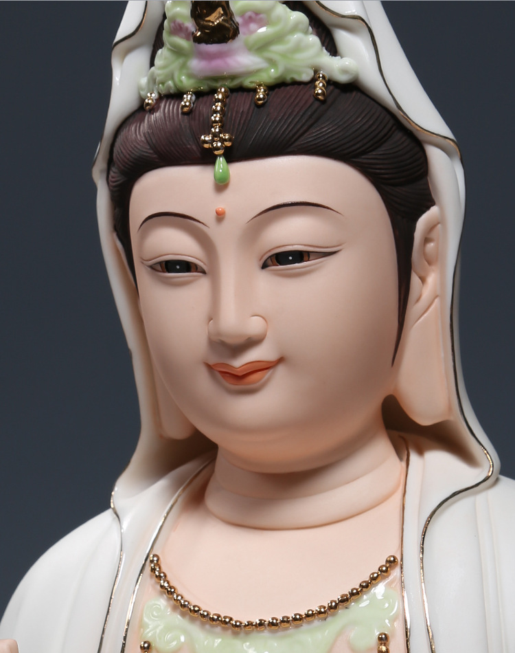 【上美】陶瓷12至24吋坐莲笑脸观音菩萨像供奉家用观世音佛像摆件