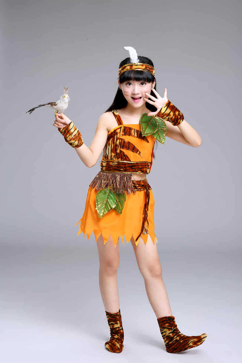 非洲小野人服装少儿原始人印第安人表演服男女童虎纹小猎人演出服