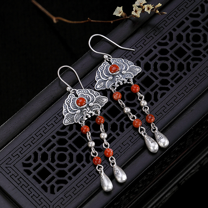 壹鹿银s925纯银个性蝙蝠复古天然南红玛瑙流苏女士银耳坠耳饰耳环