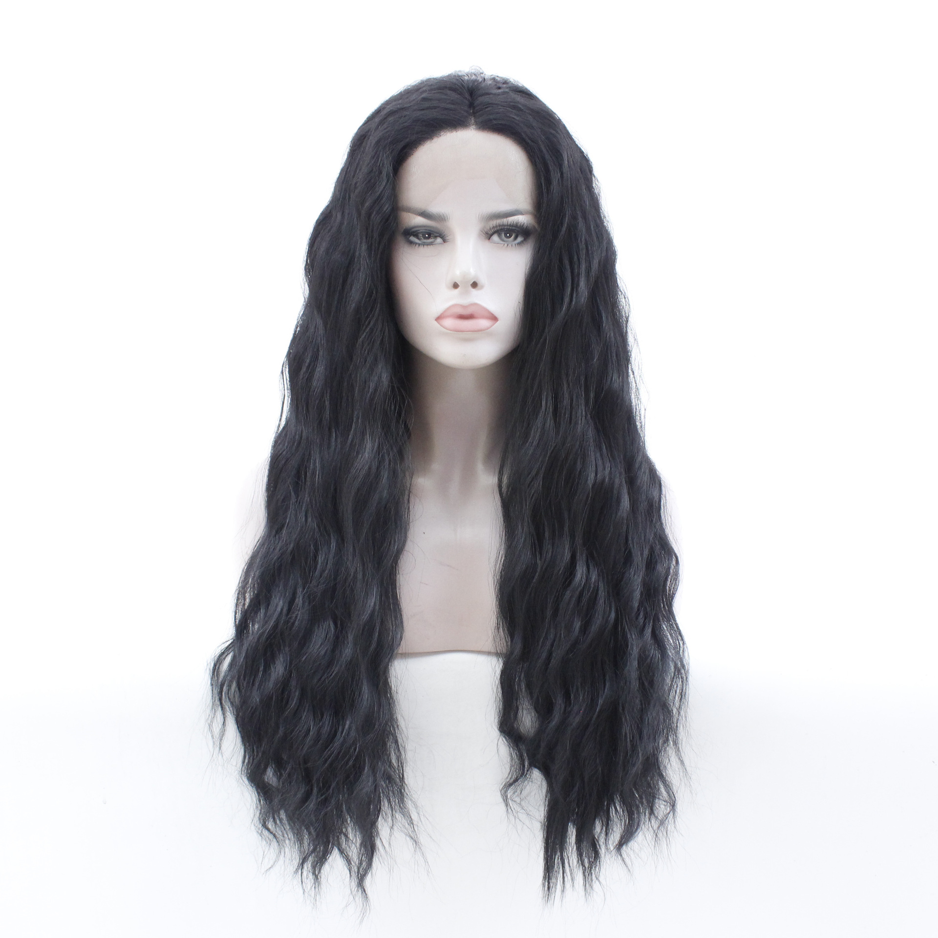 欧美假发女wig 中分长卷发黑色逼真化纤假发 前蕾丝半手钩头套