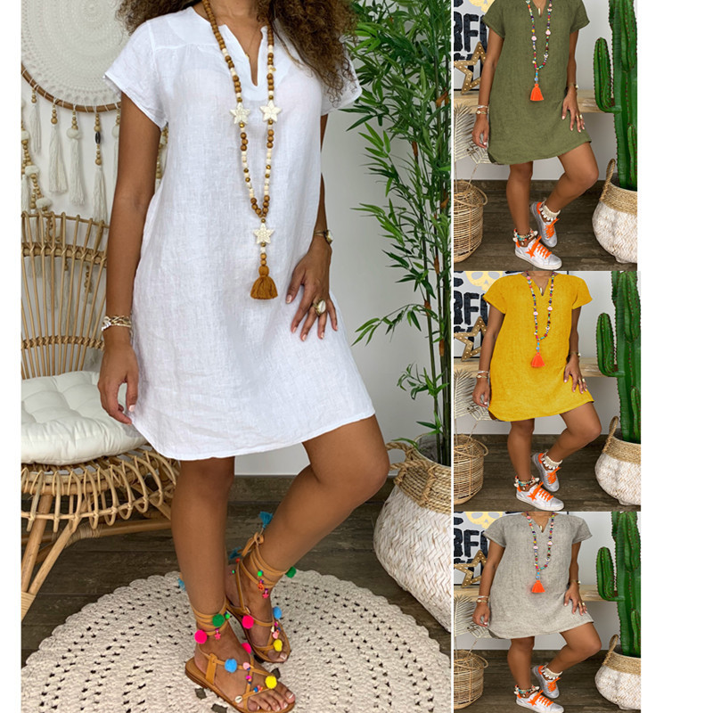 2022 New Amazon Wish Popular Spring and Summer Loose Dress Short Sleeve V-neck Solid Color Cotton and Linen Dress