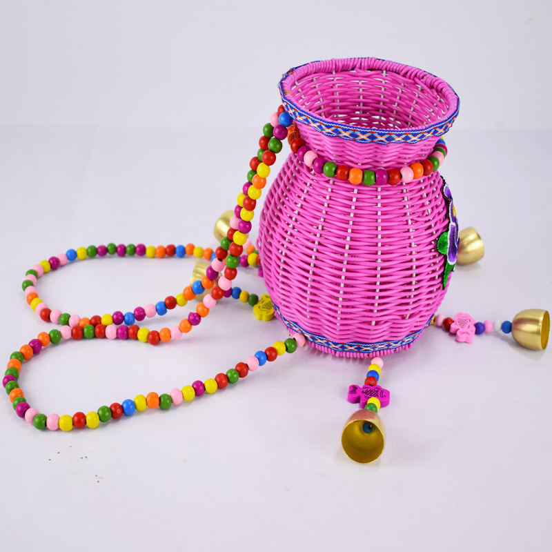 民族风手工编织小背篓鱼篓装饰品收纳篮儿童双肩背篼风铃玩具筐