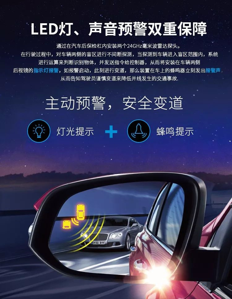 汽车盲区变道盲点监测系统并线辅助变道预警盲区监测后视镜提示