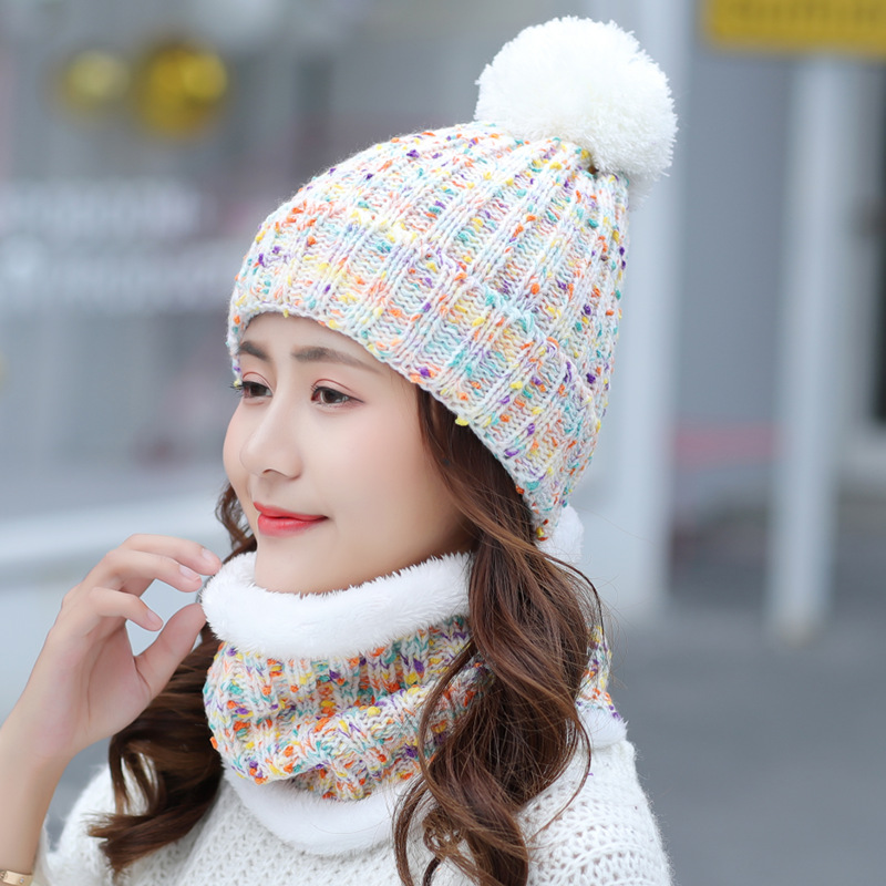 Autumn and Winter Hat Korean Style Fleece Lined Padded Warm Keeping Woolen Cap Scarf Two-Piece Set All-Match and Sweet Cycling Wind-Proof Cap